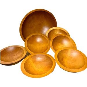 Vintage 70s Baribocraft Oval Wood Salad Serving Bowl Set 7 Handcrafted Maple